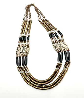 #ad Tribal Necklace Bronze Tone amp; Black Multi Strand Bead Statement 20quot; $14.95