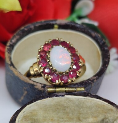#ad 9ct Opal and Rhodolite Garnet Vintage Cluster Ring. Fiery Australian Opal Ring GBP 280.00