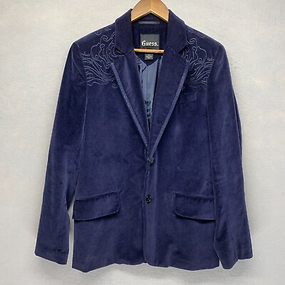 #ad GUESS Mens Velour Embroidered 2 Button Designer Cotton Blazer Jacket M Navy $15.00
