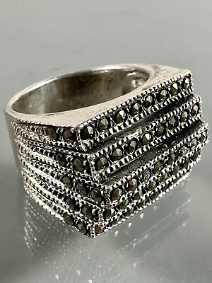 #ad Vintage 925 Sterling Silver 5 Rows Marcasite Wide Band Ring 7 $34.50