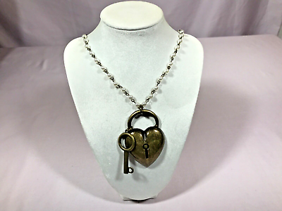 #ad Antique colored BRASS HEART WITH KEY on 32” Pearl Linked Chain $15.00