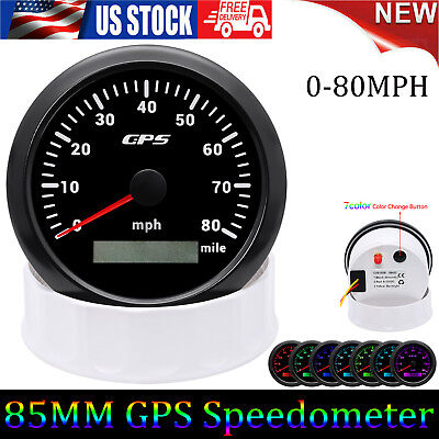 #ad 85mm Boat GPS Speedometer 0 80MPH Odometer Gauge 7 Color LED For Car Truck Motor $46.89