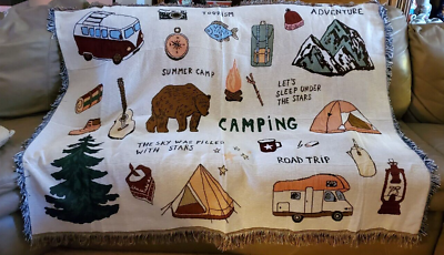 #ad Come Camping With Us Outdoors Adventure Theme Woven Throw Blanket Afghan NEW $49.99