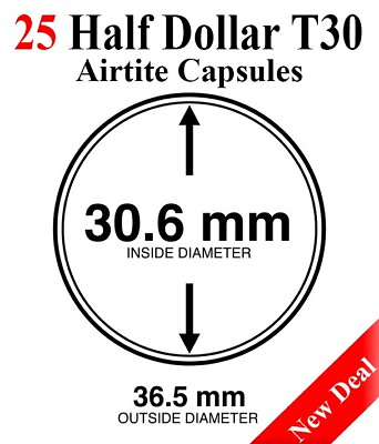 #ad 25 Round AirTite Coin Capsules Direct Fit Half Dollar Coins T 30.6 mm Liberty $14.92