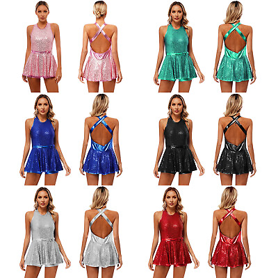 #ad US Women#x27;s Criss Cross Back Dance Dress Sequins Ballet Tango Rumba Dancewear $6.50