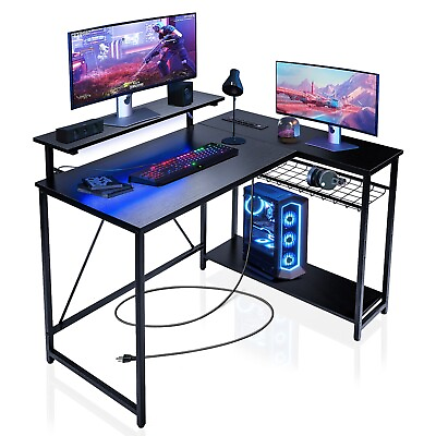 #ad L Shaped Gaming Computer Desk with Shelves amp; LED amp; Outlets amp; USB Charging Port $89.99