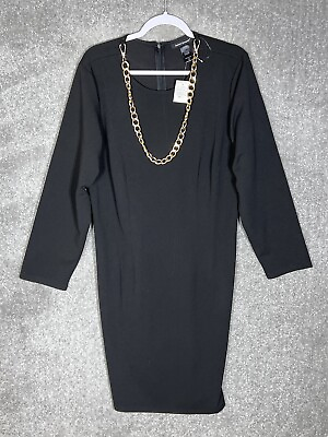 #ad Ashley Stuart Dress Womens Size 16 Stretch Black Long Sleeve Removeable Chain $29.99