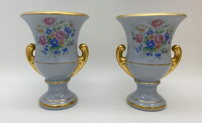 #ad Set of Two Porcelain Gilded Floral Design Vases Urn Style 6quot; Tall $53.99