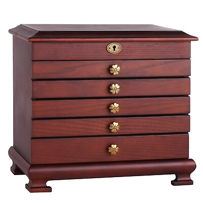 #ad ROULING Brown Large Wooden Jewelry Box 5 Tier Rings Storage Organizer with Lock $89.99