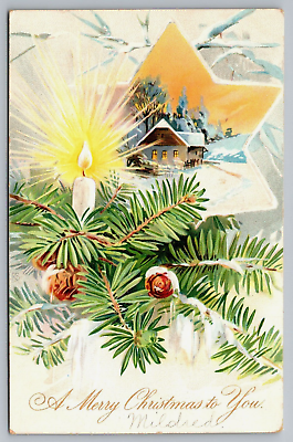 #ad A Merry Christmas to You Pine Bough Cone Snow Candle Star Old Postcard 1900s $2.58