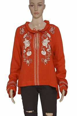 #ad Free People Dancin In September Top Floral Embroidered Red Long Sleeve Tunic S $22.99