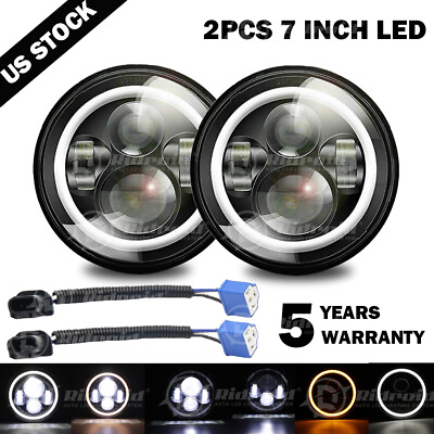 #ad 2x 7quot; Car Round LED Headlights Halo Angel Eyes Amber DRL For Kenworth T2000 T800 $42.99