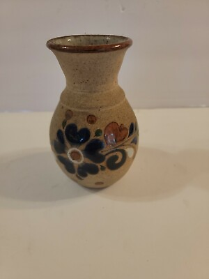 #ad Small Tonala Stoneware Pottery Vase with Floral Design Mexican Decor Signed $20.99