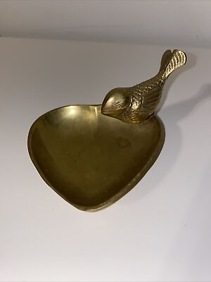 #ad Vintage Solid Brass Heart Trinket Dish Bird Made In India $12.00