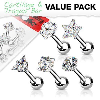 #ad 5 Pc Pack Assorted Prong Set Mix CZ Top Surgical Steel Ear Cartilage Tragus $10.95