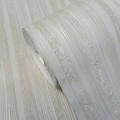 #ad Contemporary Ivory off White Cream plain vertical stria lines textured Wallpaper $3.54
