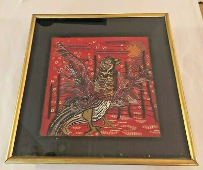 #ad Vintage Margaret Kaye Embroidered Textile Fabric Art #x27;The Pigeon#x27; Frame Felt Mat $145.95