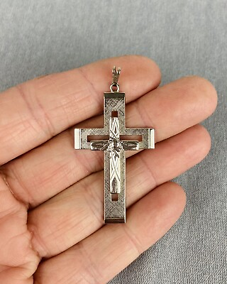 #ad Vintage Cross Crucifix Religious Pendant Etched Die Cut Textured Silver Tone $12.00