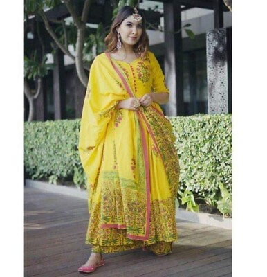 #ad Yellow Indian Women Designer Anarkali Printed Salwar Kurti Pant amp; Dupatta Dress $31.42