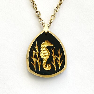 #ad Seahorse Black amp; Gold Glass Pendant Gold Tone Chain Necklace 24” $17.95