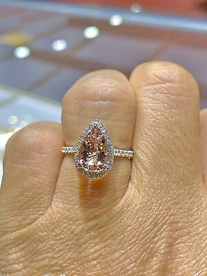 #ad 2Ct Pear Cut Morganite Diamond Halo Engagement Wedding 14K White Gold Finish $44.28