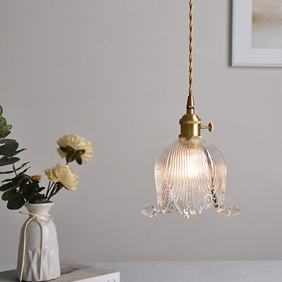 #ad French Glass Pendant Light for Kitchen Brass Flower Petal Vintage Ceiling Lamp $59.00