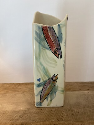 #ad Art Pottery Vase with Salmon 13” Tall Stoneware Hand Painted Northwest Fish $18.99