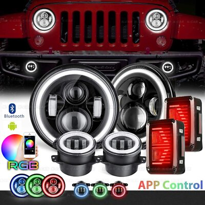 #ad RGB 7quot; Led Halo Headlights 4quot; Fog DRL Tail Light Combo Kit For Jeep Wrangller JK $199.49