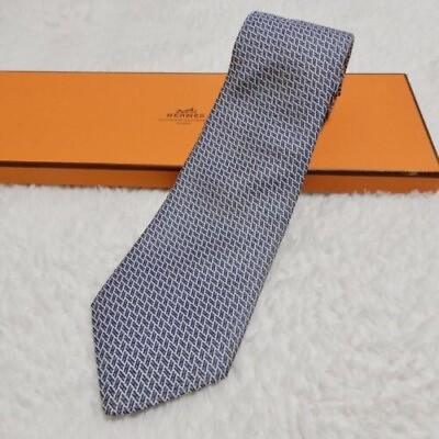 #ad Hermes Tie for Men Used H Logo Faccone Pattern Blue White Silk No Box $46.15