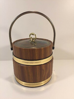 #ad Vintage Gold and Wood Look Ice Bucket With Lid $14.99