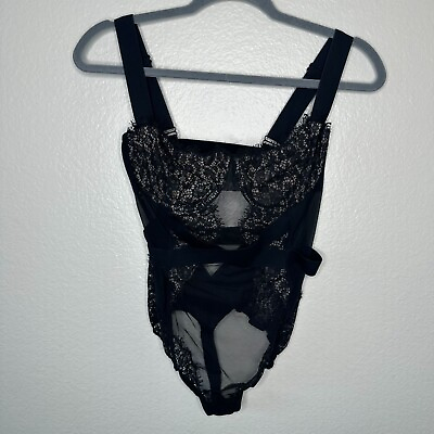#ad Victoria#x27;s Secret Black Lace Bodysuit Sexy Mesh Lingerie Sz 36D $19.99