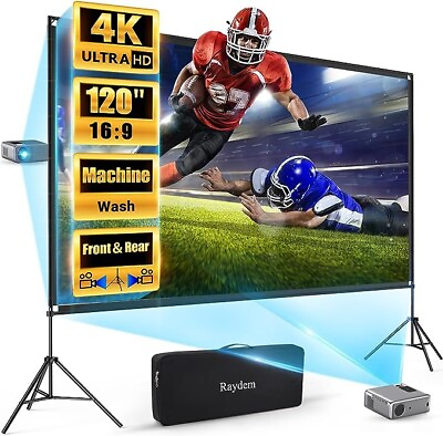#ad Raydem Projector Screen 120 inch Portable Projection 16:9 4K HD with Stand Bag $49.97