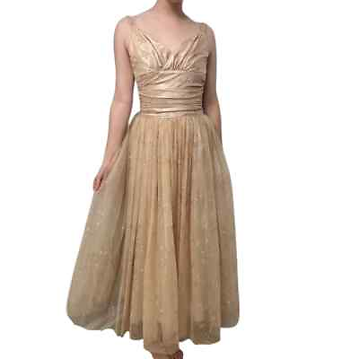 #ad Vintage Gunne Sax Dress Long Formal Prom Tulle Gold Glitter Princess Extra Small $150.00