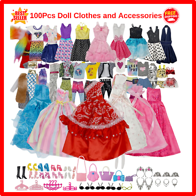 #ad 100PCS Barbie Clothes Doll Fashion Wear Clothing Outfits Dress up Gown Shoes Lot $19.99