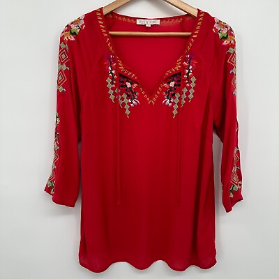#ad Rose and Thyme Top Shirt Blouse Womens Size Small Embroidered Red 3 4 Sleeve $16.95
