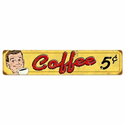 #ad COFFEE 5¢ 1950s STYLE MAN HOLDS CUP 28quot; HEAVY DUTY USA MADE METAL ADV SIGN $82.50