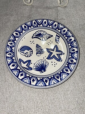 #ad 3 Blue Nautical Shell Plates Hand Painted Thailand 8 Inch $14.27