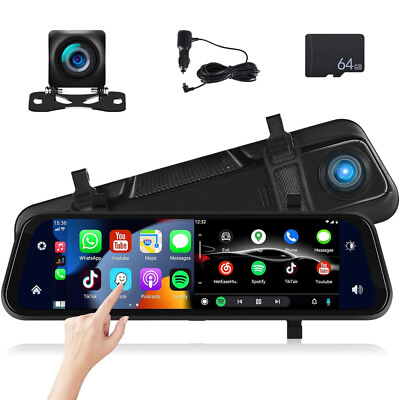 #ad 9.66quot; Dash Cam Rearview Mirror Monitor Wireless CarPlay Dual Front Rear Camera $99.99