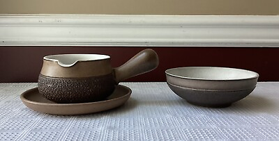 #ad Vintage 3 piece Denby Stoneware Pottery Sauce Pot Under plate amp; Bowl England $50.00