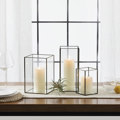 #ad Set of 3 Square Glass Hurricane Candle Holders Clear Glass Framed in Vintage Br $66.88