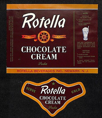 #ad Rotella Chocolate Cream Soda Newark NJ Paper Soda Label Set c1950#x27;s Scarce $12.99