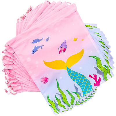 #ad 12 Pack Mermaid Kids Party Favor Bags Drawstring Gift Bag for Girls Boys $16.89
