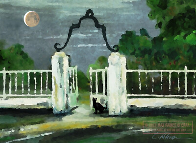 #ad Cat in Moonlight at Garden Gate 2005 C Peterson * Fine Art Print * Hand signed $38.95
