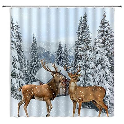 #ad Winter Deer Shower Curtains Pine Tree Elk Wildlife Foggy Forest Tree Plants N... $20.76