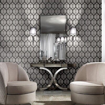 #ad Ogee Black gray silver metallic diamonds textured lines Geometric Wallpaper 3D $96.63