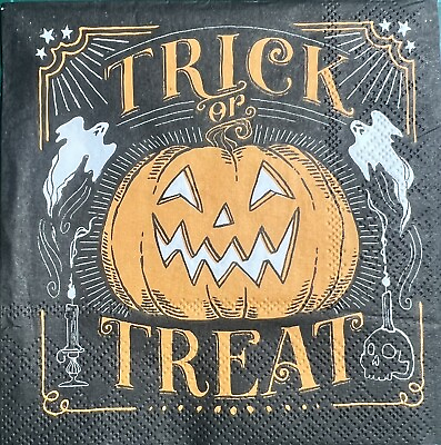 #ad TWO Individual Paper Cocktail Decoupage Napkins Halloween Pumpkin Trick Treat $1.95