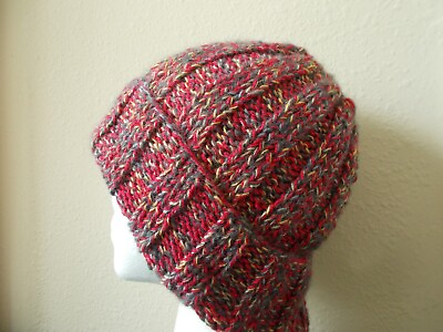 #ad Hand knitted cozy and warm beanie hat red gray yellow twist $24.99