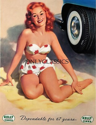 #ad 1950#x27;s Rare Vintage Brown amp; Bigelow Kelly Tires Auto PinUp Print William Medcalf $13.17