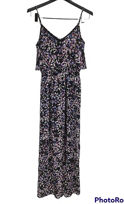 #ad EXPRESS Floral Chiffon Ruffle Maxi Fit amp; Flare Dress Women Size S Elastic . 30P $15.99