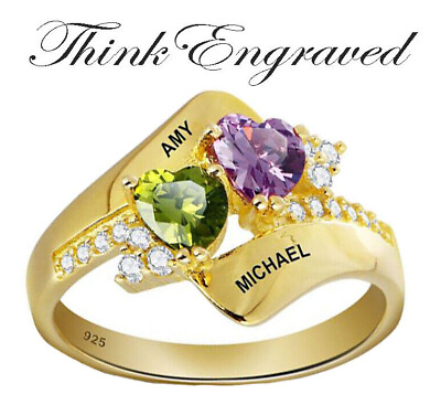 #ad Personalized Gold Mother#x27;s Ring 2 Heart Birthstones Accent Gems 2 Engraved Names $53.50